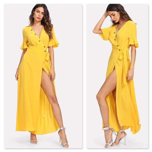 Button Up V-Neck Maxi Wrap Dress Side Tie Yellow - Picture 2 of 8